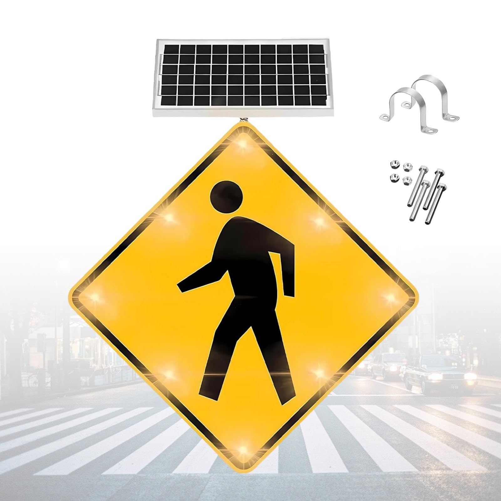 Professional 24"/32" Solar LED Crosswalk Semaphore, MUTCD Compliant Style Pedestrian Safety Sign, Rust-Resistant Aluminum Alloy Housing, Tool-Free Installation U-Clamp Mount(24in)