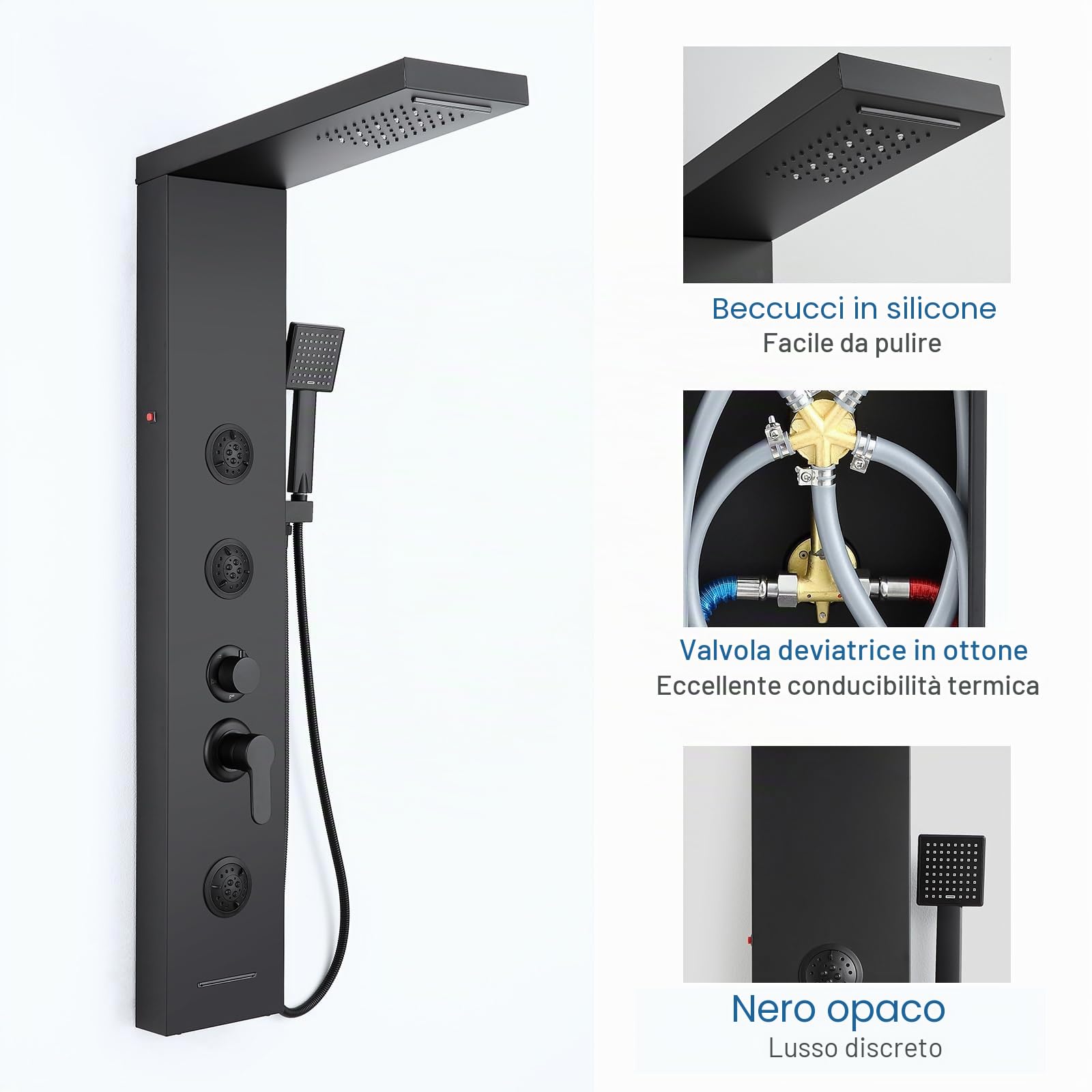 Pannello doccia a LED con miscelatore, 6 modalità doccia: pioggia e cascata, 2 modalità getto massaggio, combinato e beccuccio da bagno, colonna doccia in acciaio inossidabile nero opaco