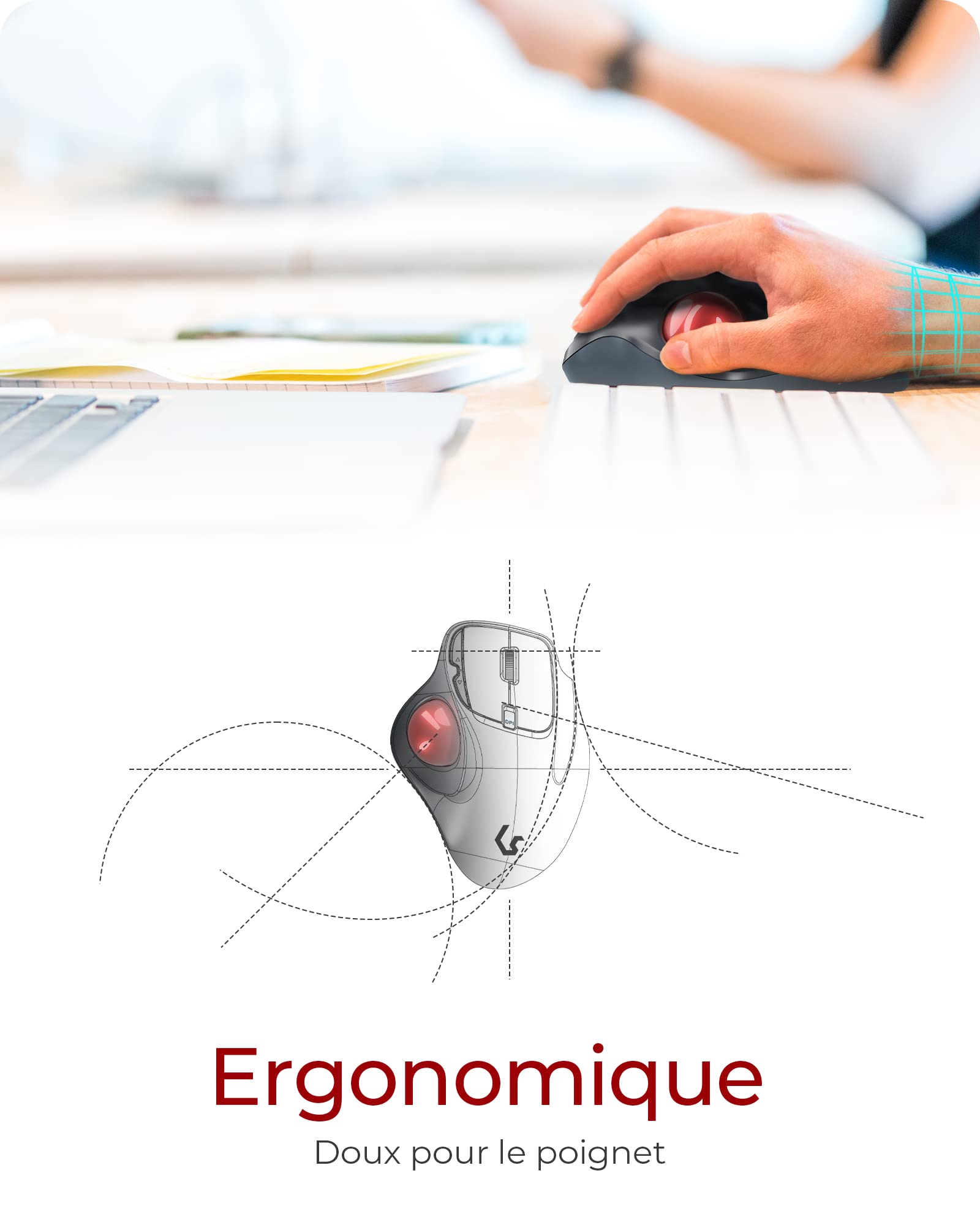 KeySonic Souris Trackball sans fil, Ergonomique, Contrôle précis & facile avec le pouce, Connexion USB 2.4 GHz, Pour Windows & Mac, KSM-6101RF-EGT