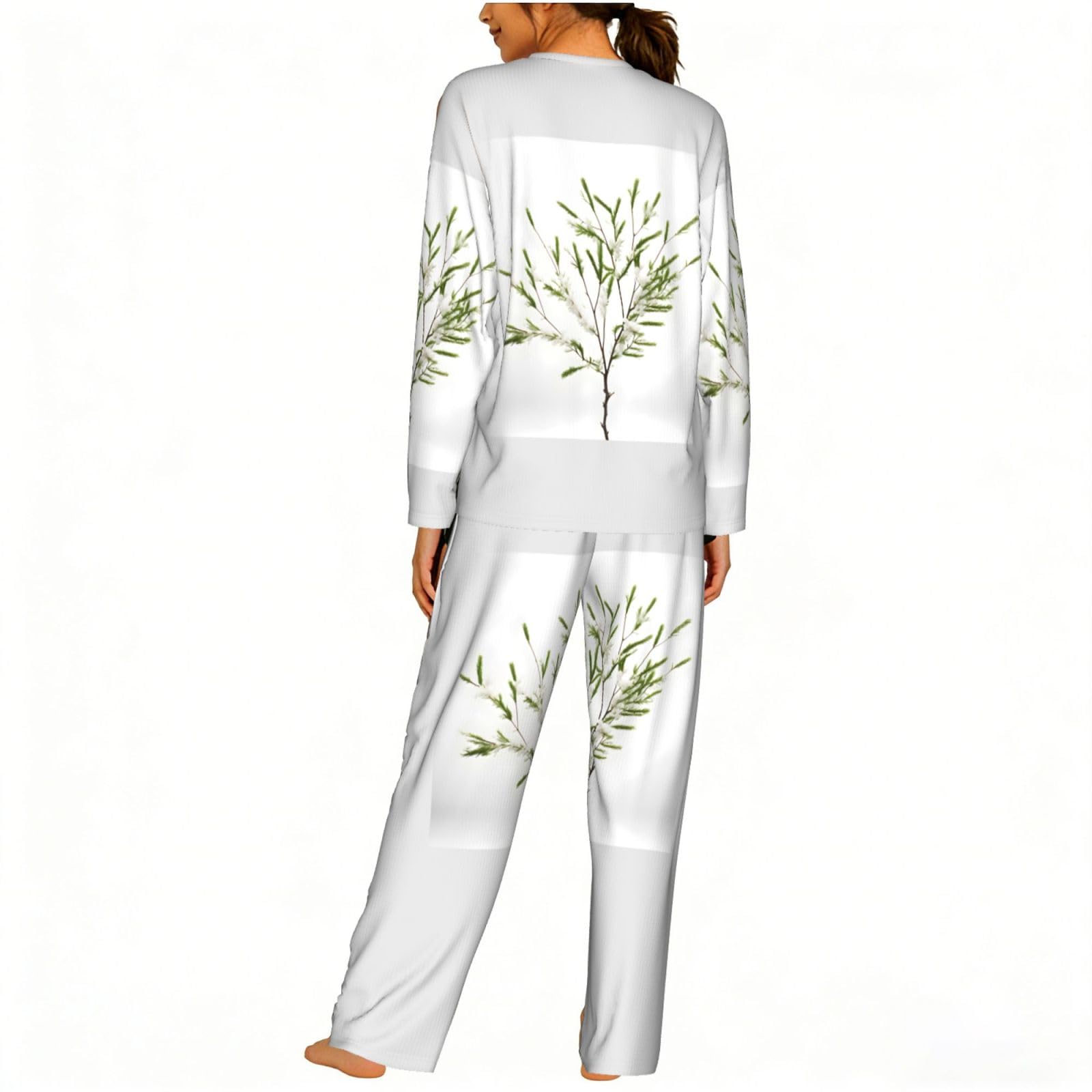 Bianco Pianta Naturale Verde Ramoscello (1) Stampa Donne Manica Lunga Pigiama Corrispondente Morbido Spiaggia Vacanze Nightwear Regalo Casual