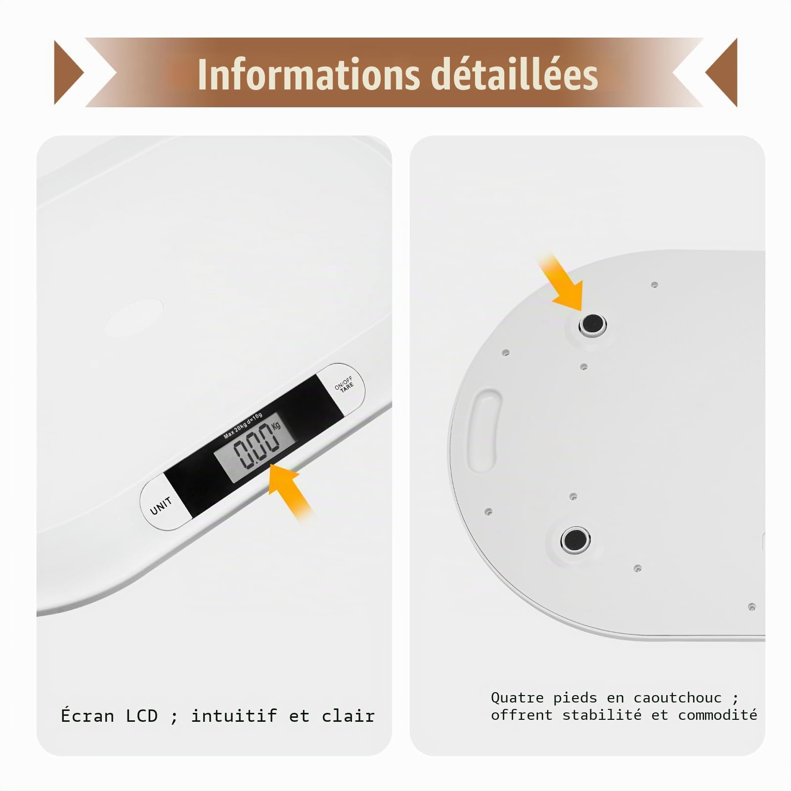 Bilancia per bambini fino a 20 kg, écran LCD, 3 modes de pesage, couleur : blanc