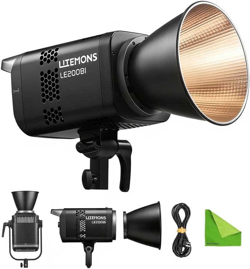 Godox LE200Bi 220W Bi-Color LED Video Light, 57700Lux@1M Brightness with 0-100% Dimming, 2800K-6500K CCT, CRI/TLCI≥98+, 11 FX Effects, APP/Bluetooth/DMX/NFC Control, Whisper-Quiet Fan & Bowens Mount