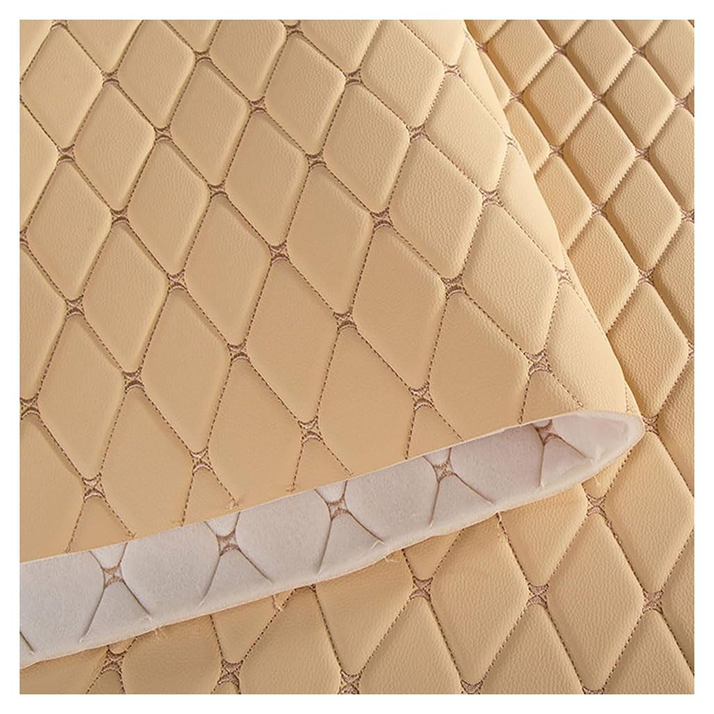 Faux Leather Fabric Quilted Leather Diamond Stitch Padded Cushion Linen Wadding Faux Leather Interior Vehicle Upholstery Fabric#Colour: Cream