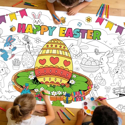 AhfuLife Affiche Géante de Pâques à Colorier 180x80 cm –Nappe en Papier à Colorier Pâques pour Enfants avec Lapins et Œufs, Poster de Graffiti pour...