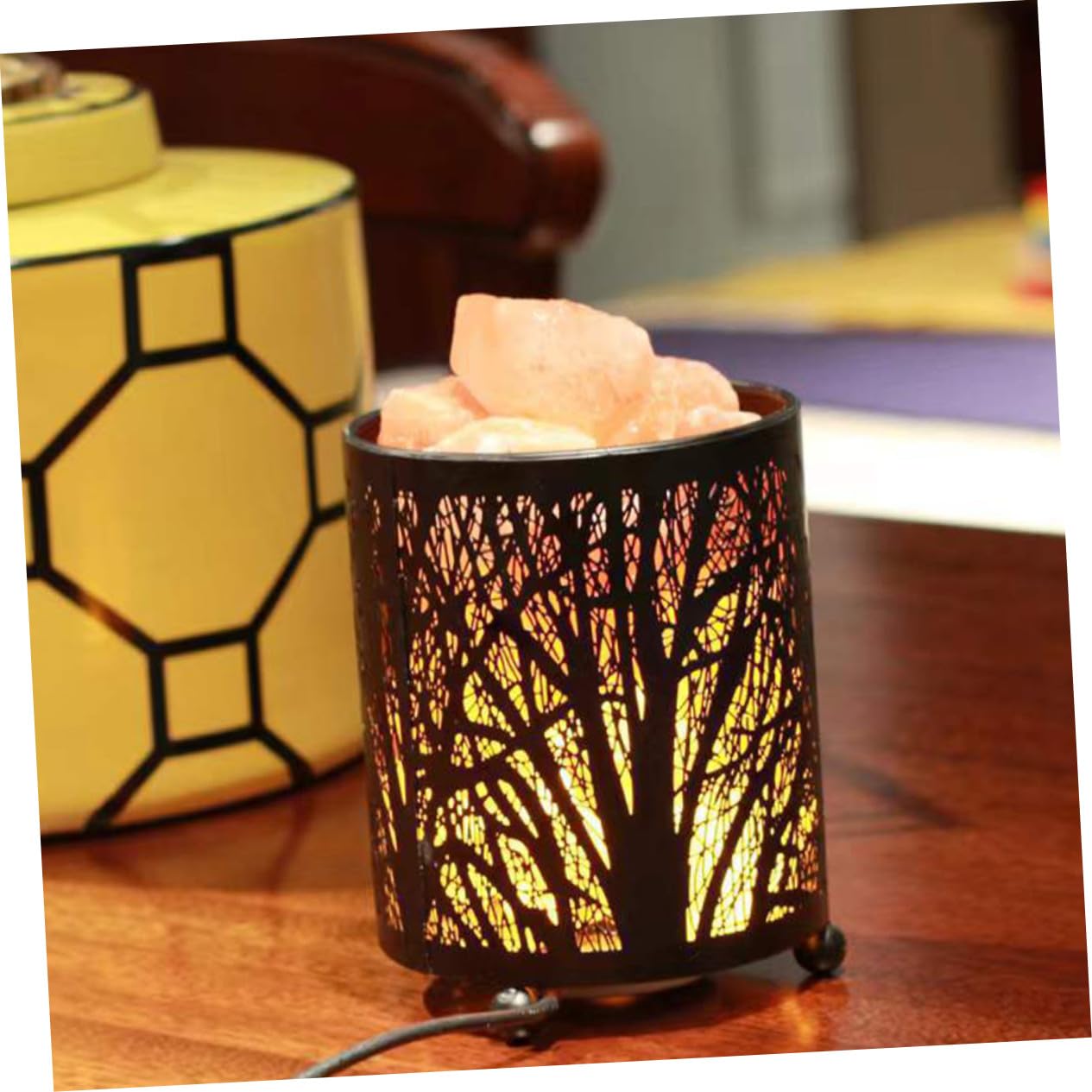 Lampe Décorative de Table en Sel de L’himalaya, Fer Noir, Cylindre