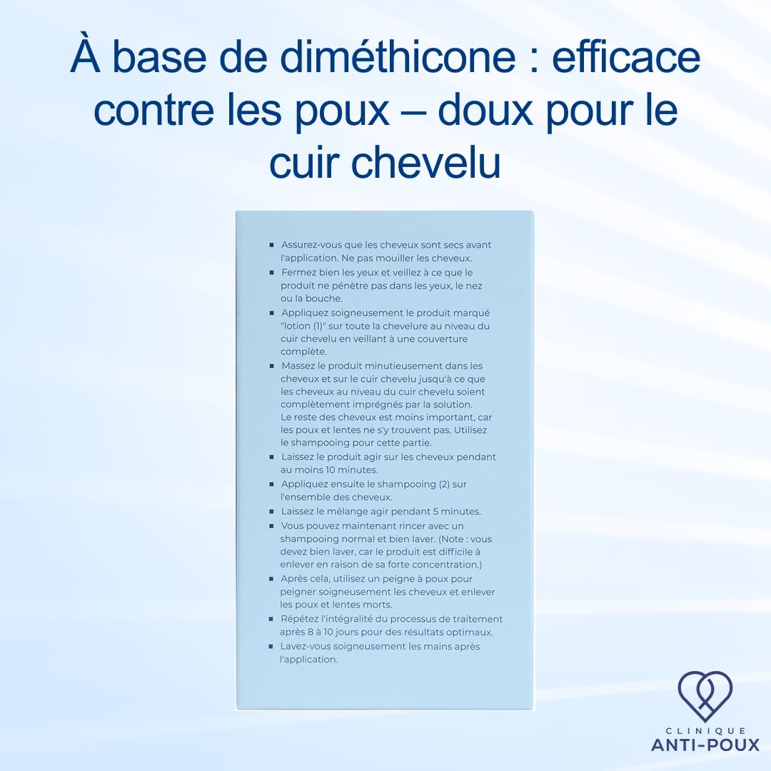 Clinique Anti-Poux Double Puissance - Tue efficacement les poux et les lentes - Kit de traitement anti-poux - Lotion et shampoing à la diméthicone pour adultes et enfants - Parfum eucalyptus