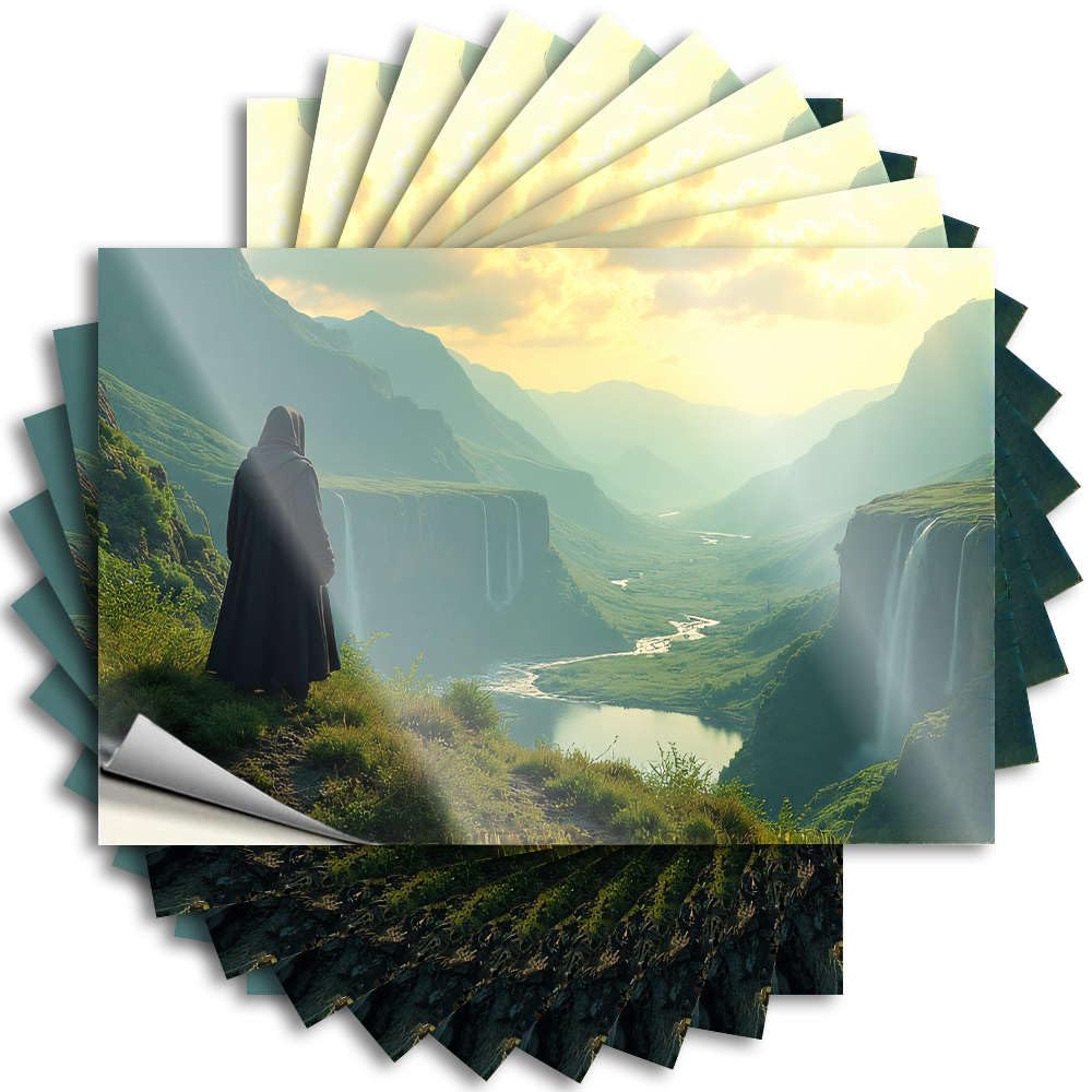 Spring Sticker, Accessories Water A Hooded Figure Gazes Over A Lush, Mountainous Landscape with Cascading | Funny Quote Taupe Decals(12X18CM)