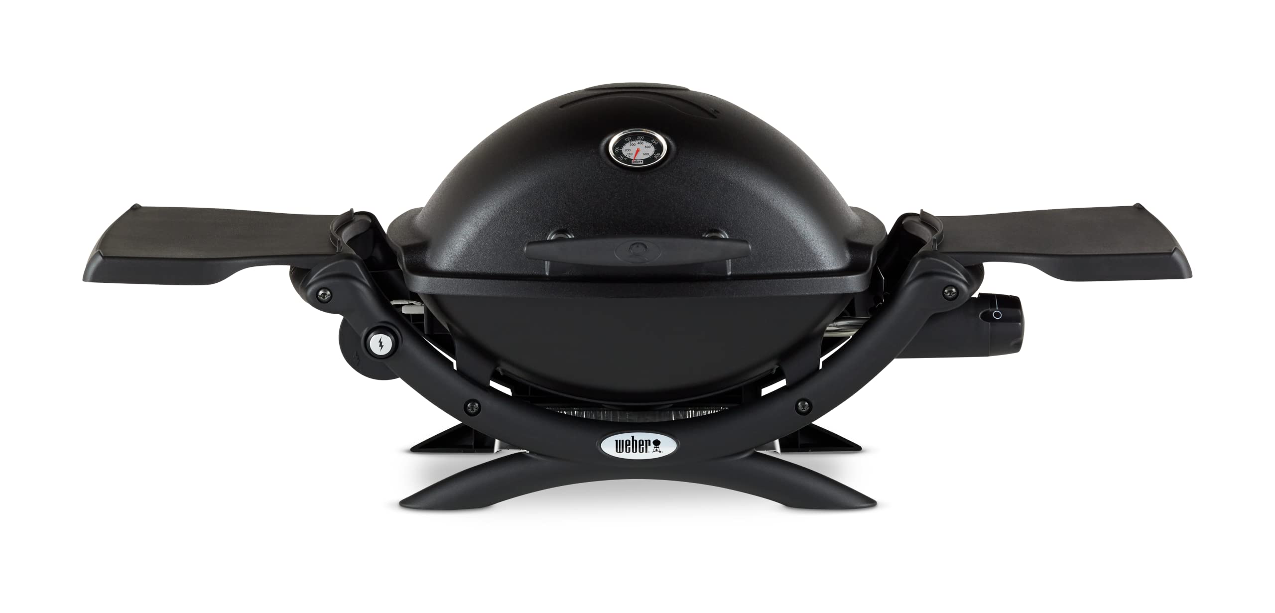Weber Q 1200 Gasgrill, 43 x 32cm Grillfläche, Portable, 1 Brenner, 2-geteilter porzellanemaillierter Guss-Grillrost, mit Deckelthermometer - Schwarz