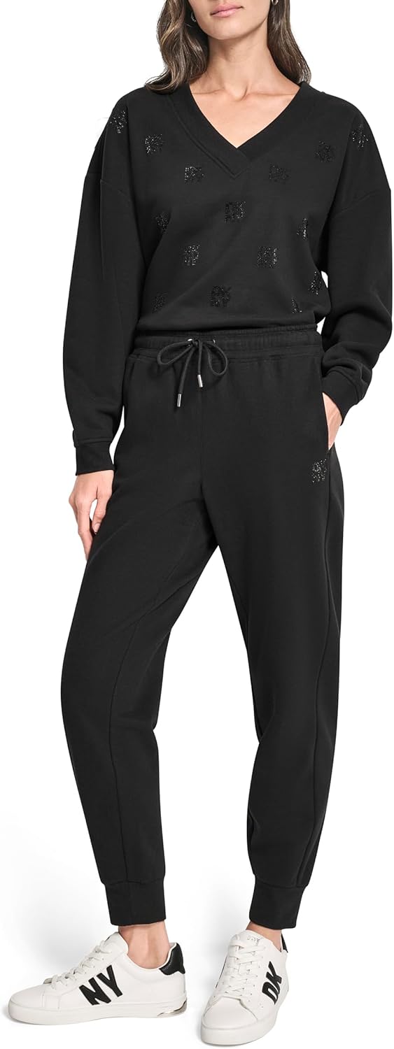 DKNY Womens Relaxed Cuff Stacked Mini Rhinestone Logo Fleece Jogger Sweatpant - Image 2