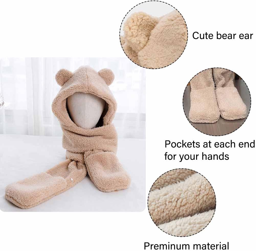 AIYUENCICI Winter Hoodie Hat Scarf Gloves Set, 3 in 1 Warm Plush Coral Fleece Animal Hats, Cute Ear Beanie Caps Stylish Thick Slouchy Soft Snow Hat for Women Girl Skiing Christmas Gift(Beige) - Image 3