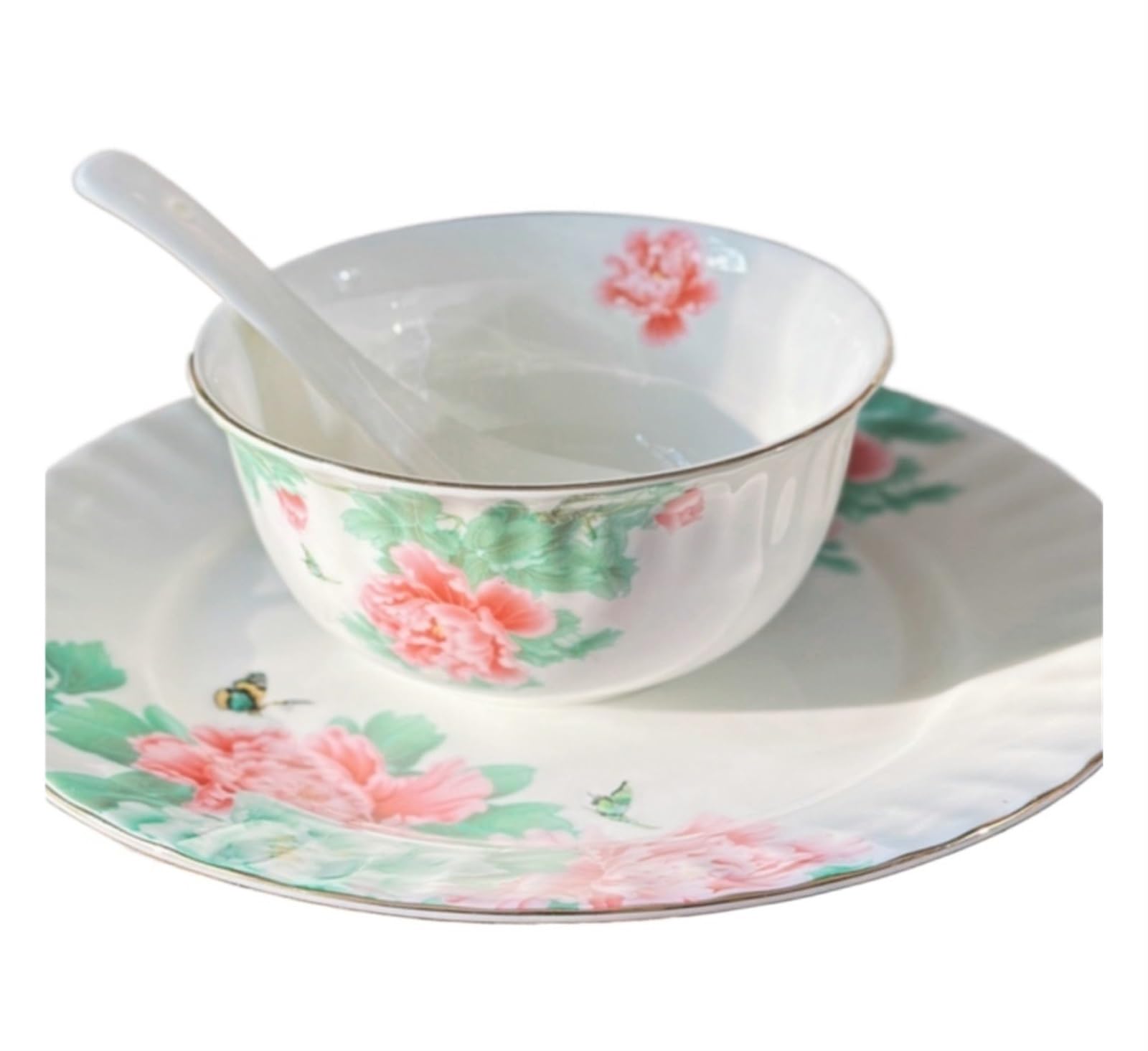 Juego de Tazas y platillos de café: Taza de té con diseño de Mariposa y Flor, Tazas de Espresso con Rosas, tazón de arroz, Plato de Cena, Cuchara y platillo (Juego de Tres Piezas).