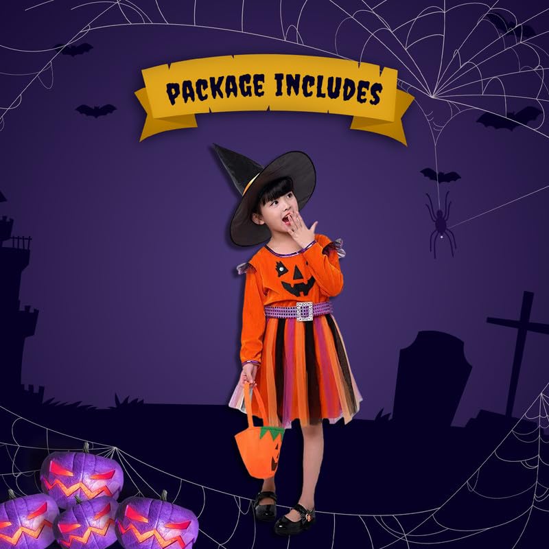 Image of Kaku Fancy Dresses Polyester Halloween Pumpkin Dress With Hat And Candy Basket Halloween Costume For Girls - Orange, 3-4 Years