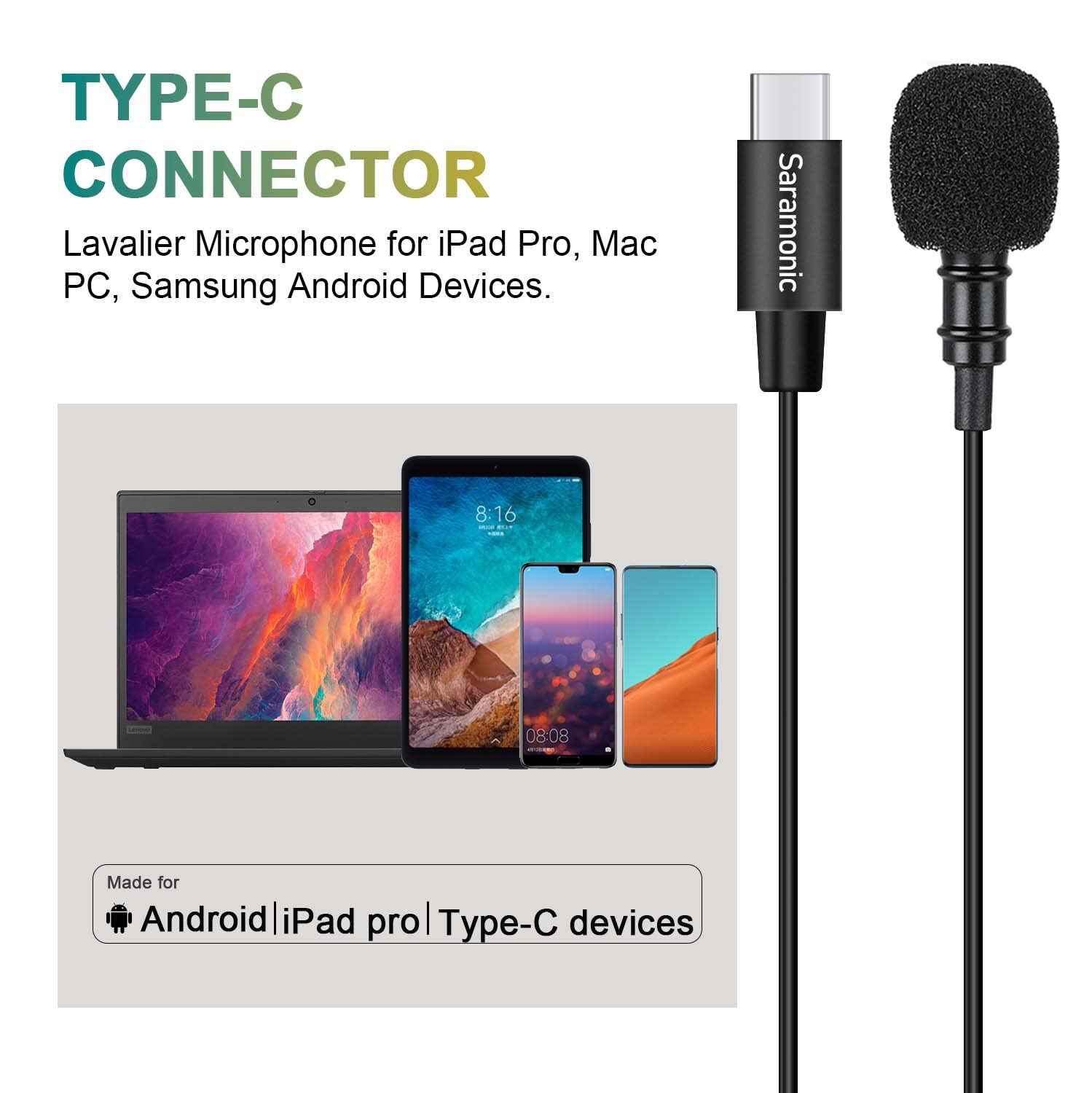 Saramonic Microfoni LavMicro U3B, Plug & Play Microfono Lavalier omnidirezionale per smartphone, tablet dispositivi USB-C, ideale per vlogging, riprese, registrazione, live streaming (236,22 ″)