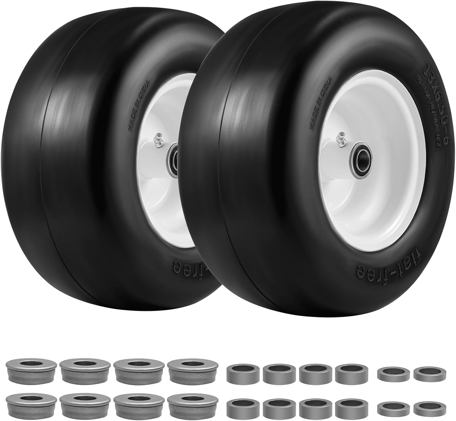 13x6.50-6 Flat Free Tire and Wheel 2 Pack, Solid Smooth Zero Turn Lawn Mower Front Tire Assembly, 3/4" Bearings Pre-assembled, 4"-6.2" Centered Hub and Extra 5/8" & 1/2" Bushings