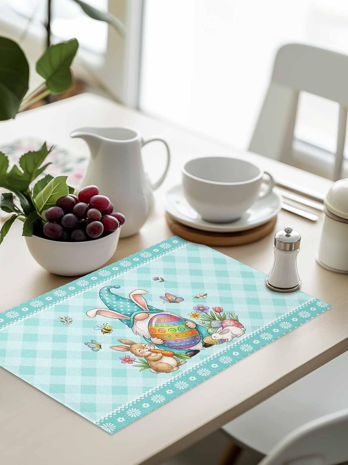 Easter Placemats, Set of 6 Anti-Skid Table Mats, Washable Placemats for Kitchen Dining Table Decoration 19x13 Inch - Cute Gnomes Rabbits Colored Eggs Blue