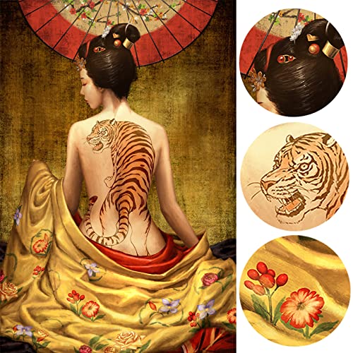 Tiuauit Japanese Woman Canvas Art Tiger Tattoo Painting Pictures Vintage Prints Artwork For Living Room Bedroom Stretched And Framed Ready To Hang 24"X36" (Yellow) #TOP1