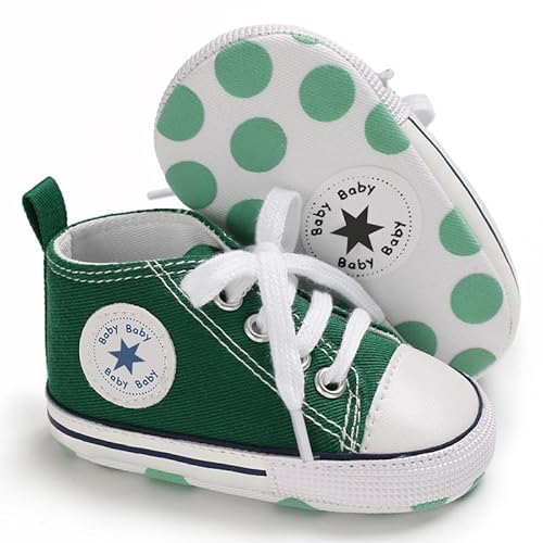 KKIIDDSS Unisex Baby Girls Boys Canvas High-top Shoes, Newborn Infant Anti-Slip Soft Sole Frist Walking Breathable Sneakers, A03/Green, 0-6 Months Infant