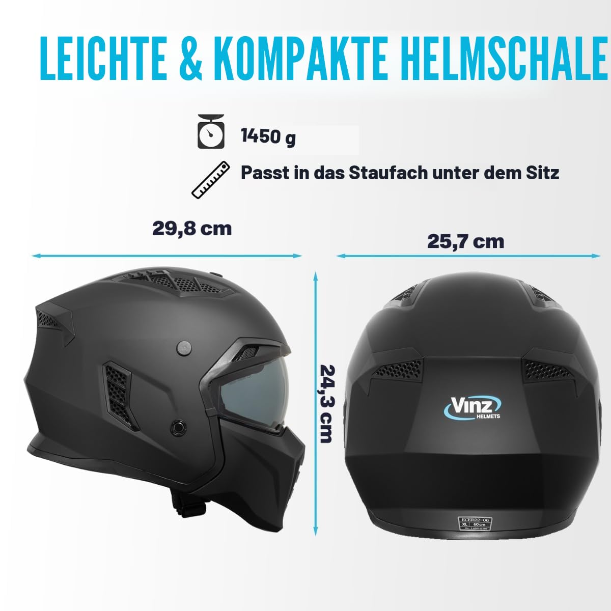 VINZ Kioto Jethelm / Streetfighter Helm | ECE 22.06 zugelassen | Motorradhelm | Rollerhelm mit Sonnenvisier / Sonnenblende | Jet Helm Mit abnehmbarem Kinnschutz