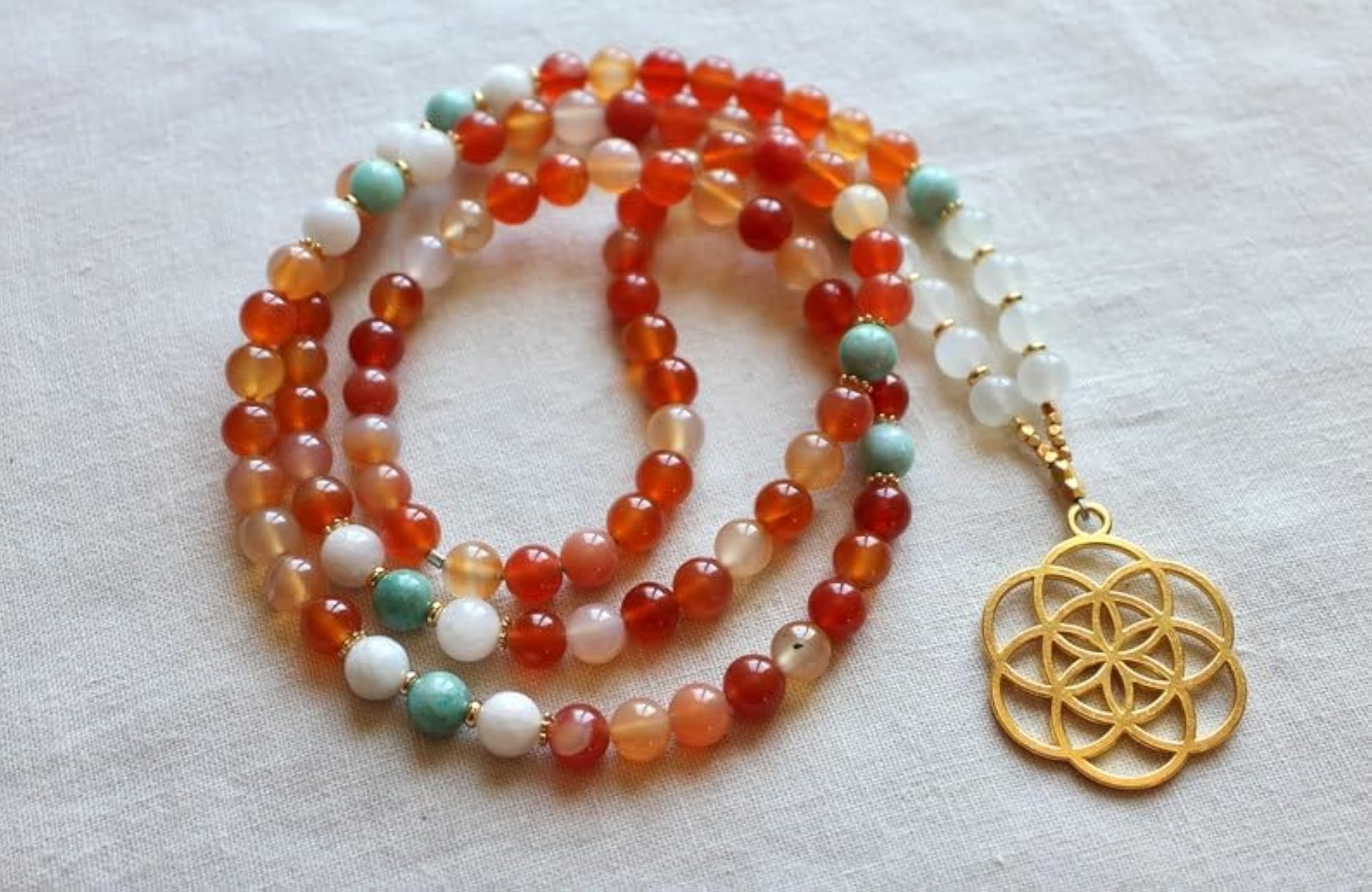 Natural Carnelian, Rainbow Moonstone & Amazonite 6MM Beaded Handmade Prayer Mala Necklace