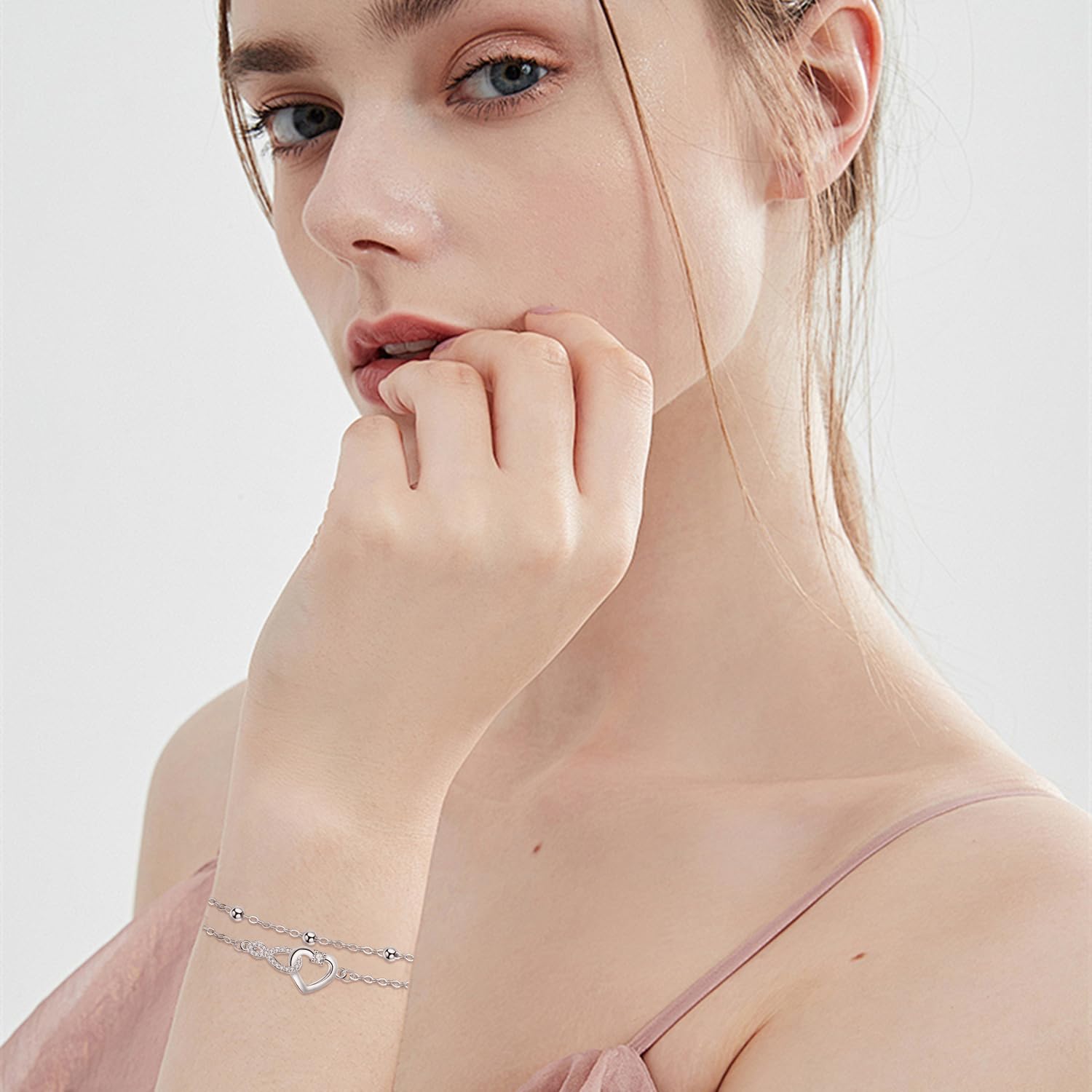 Arrebol Bracciale Donna Argento 925 con Doppia Catena Regalo per Donne Moglie Madri Figlia - Regolabile [16+4cm]