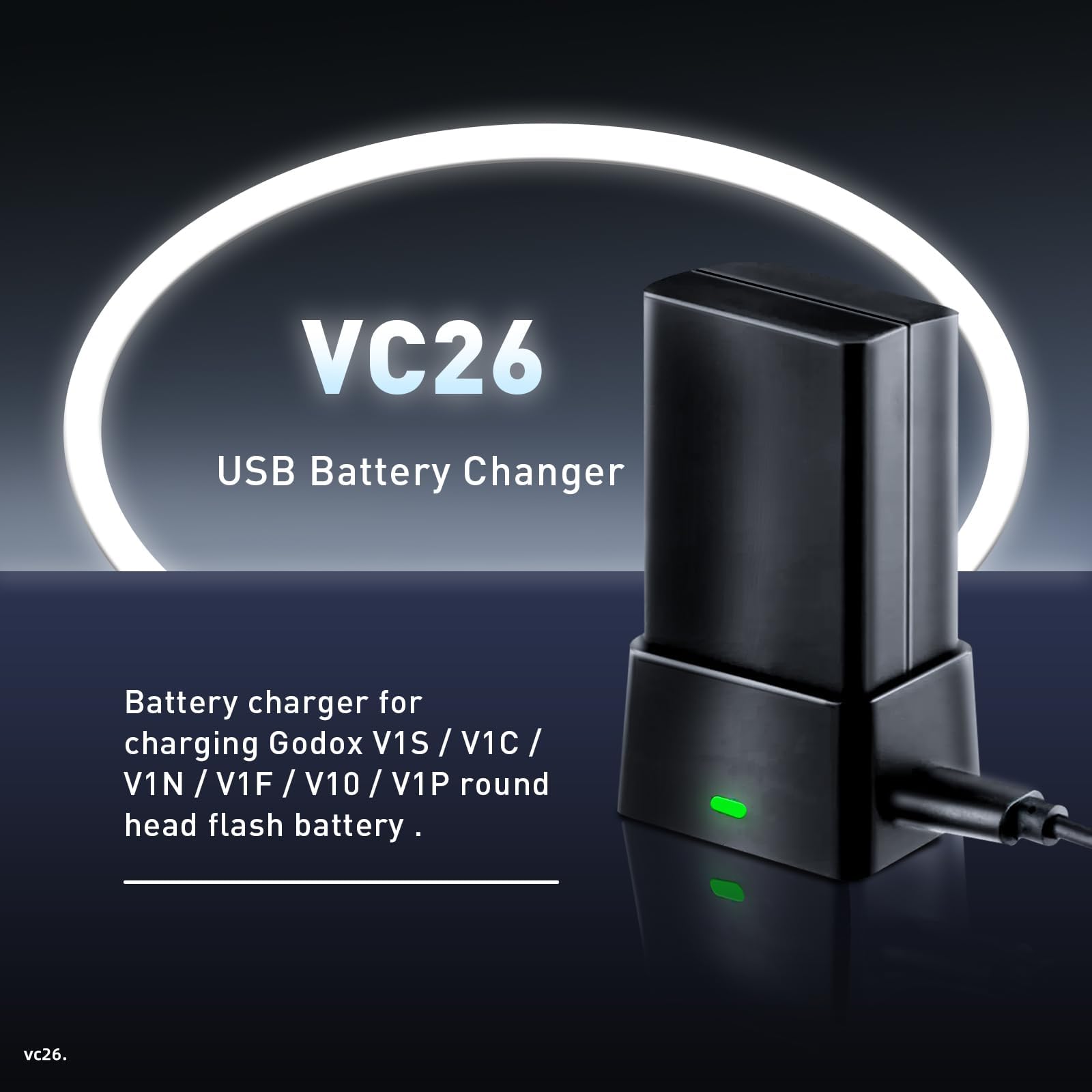 Godox VC26 cargador USB V1 V1Pro cargador de batería, entrada DC 5 V DC 8,4 V salida, compatible con la batería de flash de cabeza redonda de la funda: V1-C/N/S V1Pro-C/N/S V860III-C/N