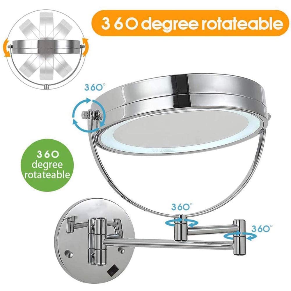 Espejos de baño iluminados de 8 pulgadas Espejo de tocador montado en la pared con Luces Espejo de maquillaje giratorio de 360 ° plegable de Doble Cara con Aumento de 5X Acabado cromado exte
