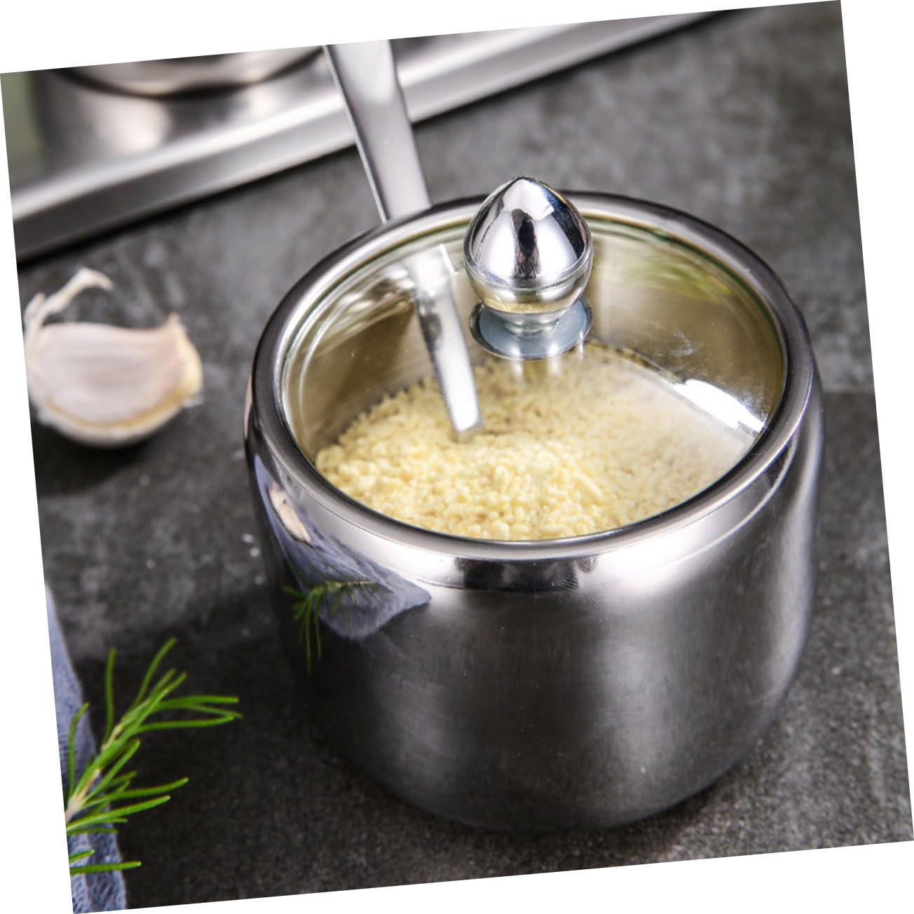 Pot à Épices Accessoire de Rangement Alimentaire 3 Bocaux en Acier Inoxydable avec Base Cuisine Moderne Récipient de Conservation Argenté et Buffet
