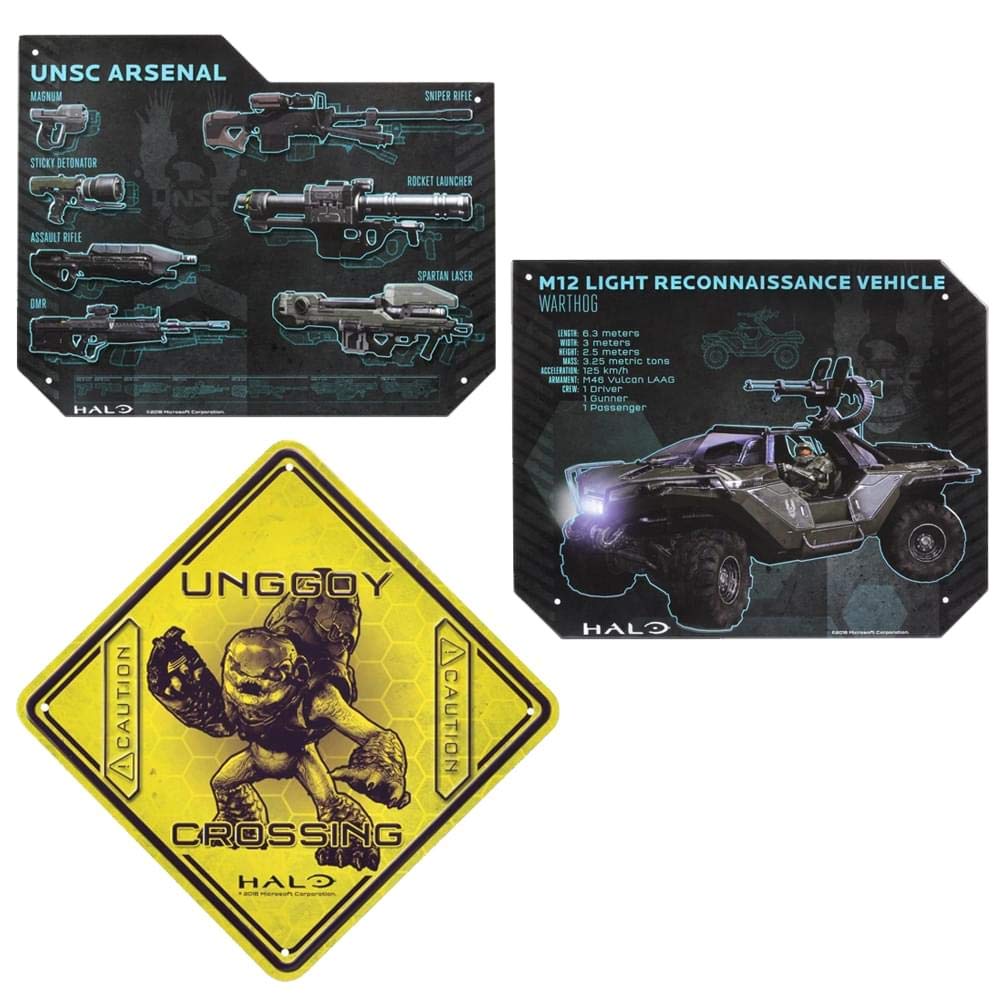 Toynk Halo Tin Sign Set: Unggoy Crossing, Warthog Specs, Weapons Spec
