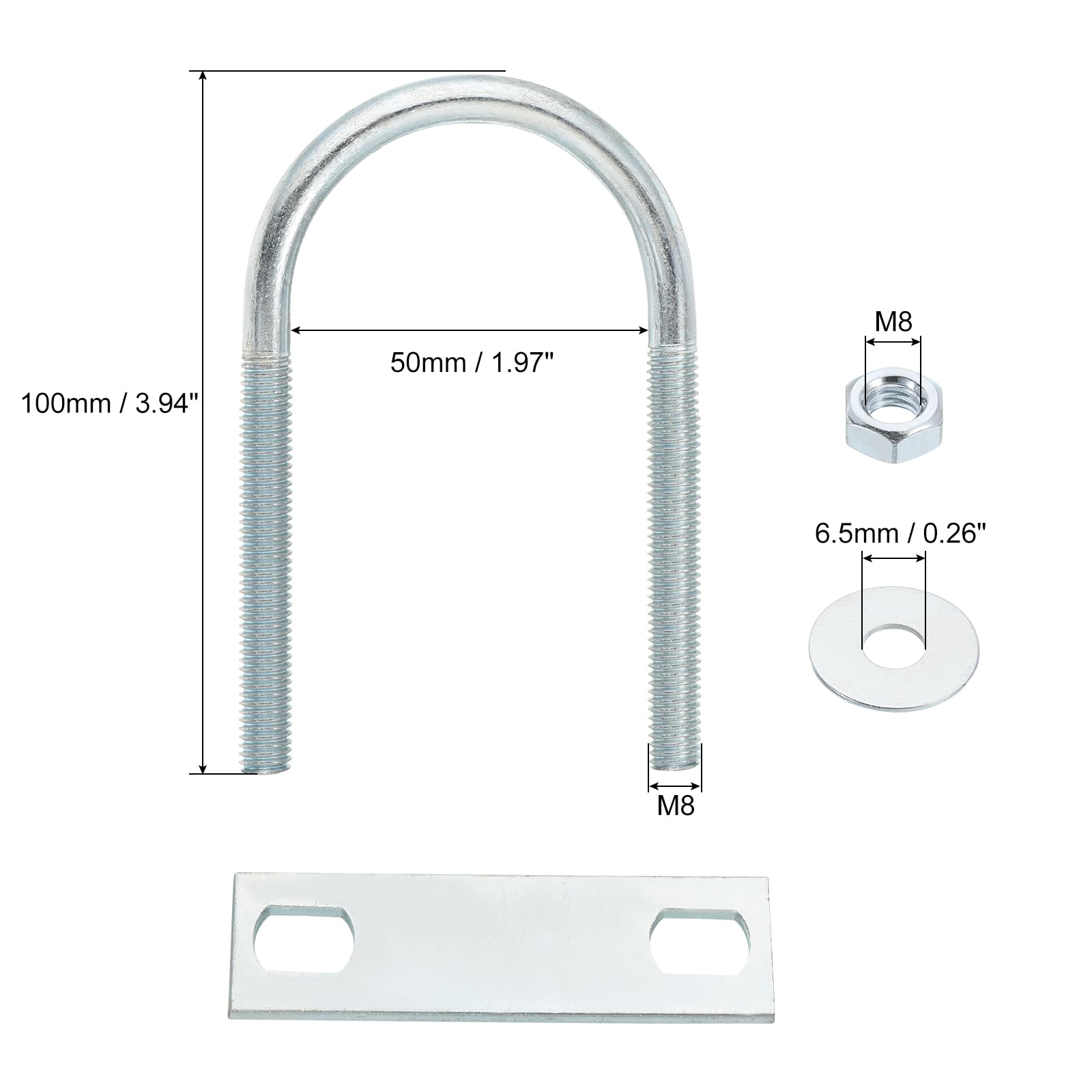 QUARKZMAN Bulloni a U Rotondi, 4 Set Larghezza Interna 50mm Lunghezza 100mm M8 Bullone a U in Acciaio al Carbonio Zincato con Dadi e Piastre, per Rimorchi Barche