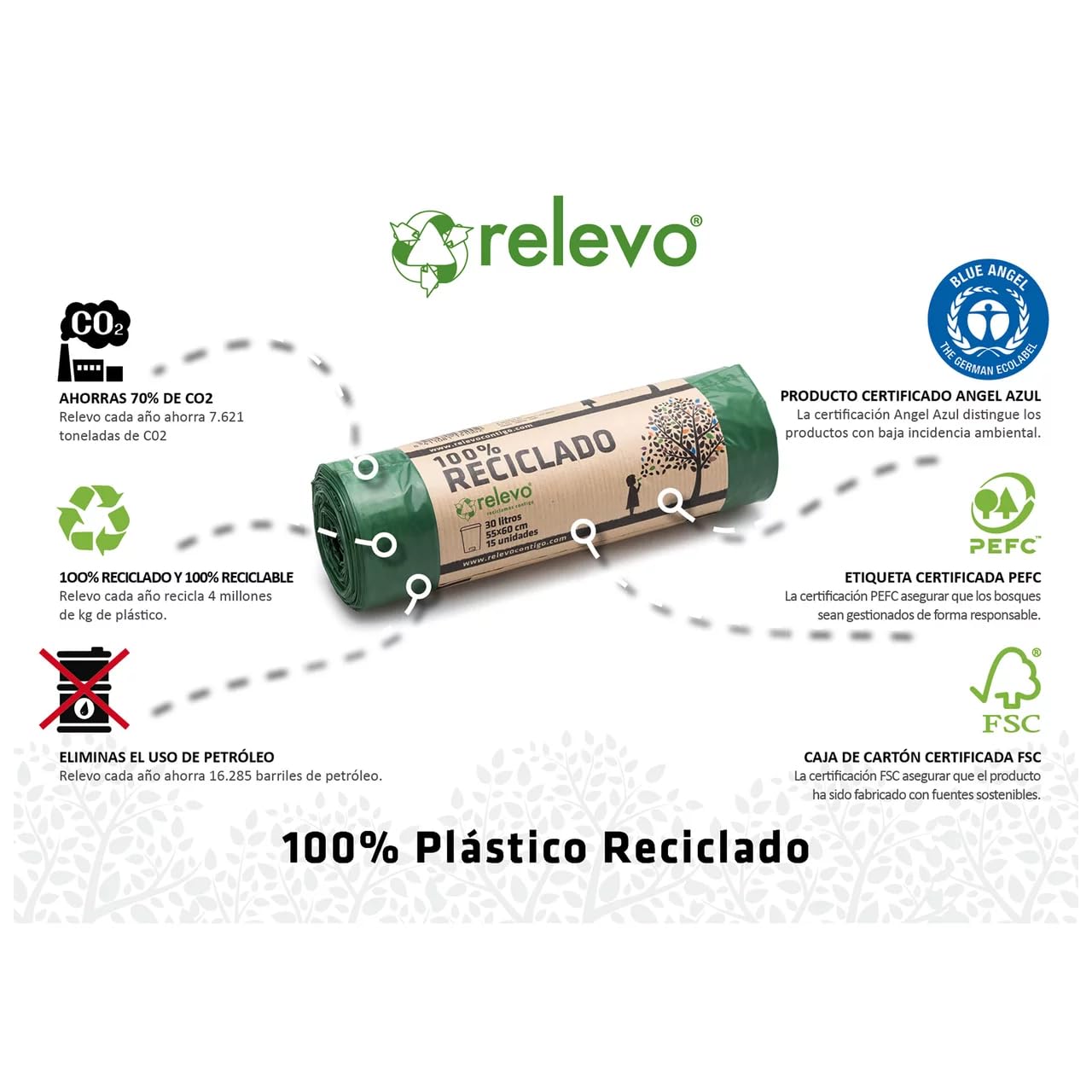 RELEVO - Bolsas de basura 100% recicladas, 30 L, 15 unidades, 6 unidades