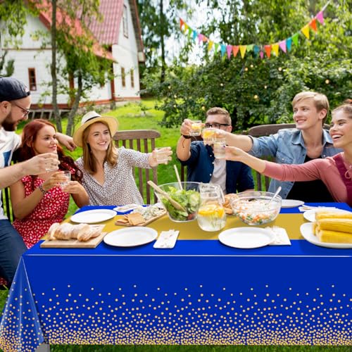 Image of 12Pcs Blue Gold Tablecloth Party Decorations,Plastic Royal Blue Table Cloth Printed Gold Tables Runner Disposable Rectangle Table Cover for Birthday Anniversary Wedding Graduation Party,54 x108 Inch