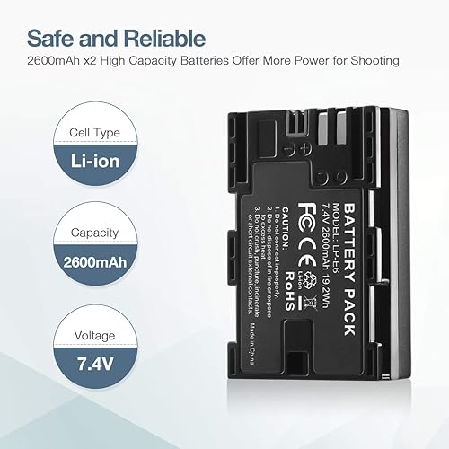 Miniatura 2 de LP-E6 LP E6N - Batería de repuesto de iones de litio de 2600 mAh y cargador dual rápido para cámaras E 5D Mark II, III, IV, 5DSR, 60D, 70D, 80D, 6D,