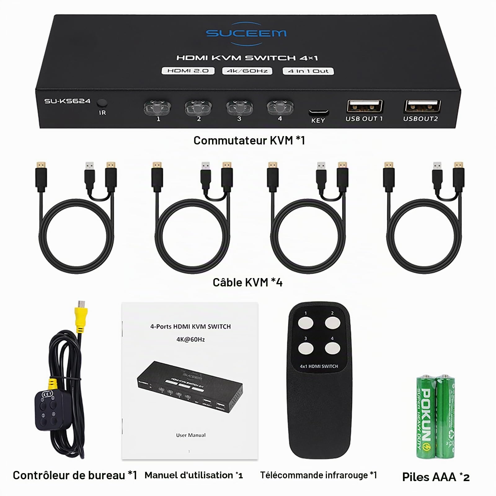 KVM Switch 4 PC 1 Monitor 4K60Hz - HDMI Commutateur KVM 4 Port PC Share Moniteur USB 2.0 Clavier Souris KVM Switch 4 Ordinateurs Télécommande et 4 Câbles KVM et Contrôleur de Bureau Inclus