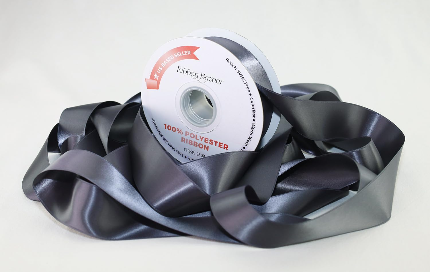 Ribbon Bazaar Double Faced Satin - Premium Gloss Finish - 100% Polyester Ribbon for Gift Wrapping, Crafts, Scrapbooking, Hair Bow, Decorating &amp; More - 2-1/4" Charcoal 25yd Spool