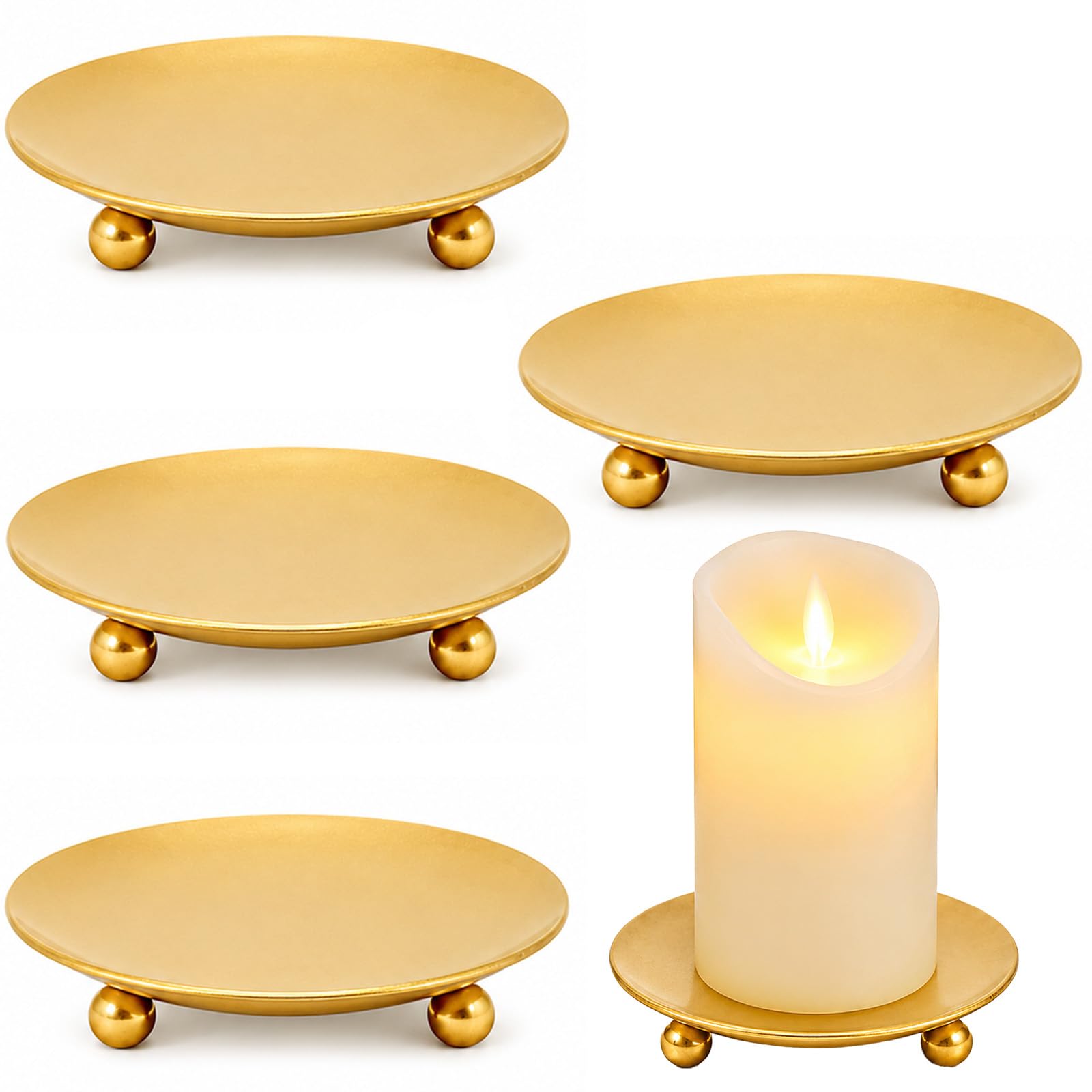 4 Pcs Gold Candle Holders, 9 cm Metal Candle Plates for Pillar Candles