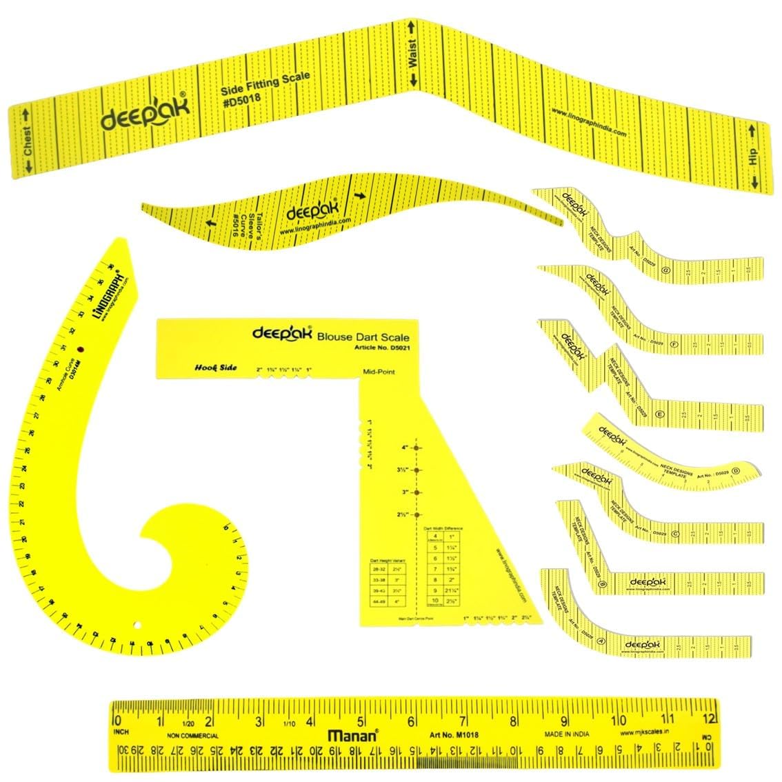 Sewing Pattern Drafting Tool Set, 6 Pcs Combo with Arm Hole, Hip and French Curves, 3 Dart Scale, 30cm Straight Ruler, 7 Piece Neck Design Template, Yellow, for Fashion Designing and Tailoring-image-42