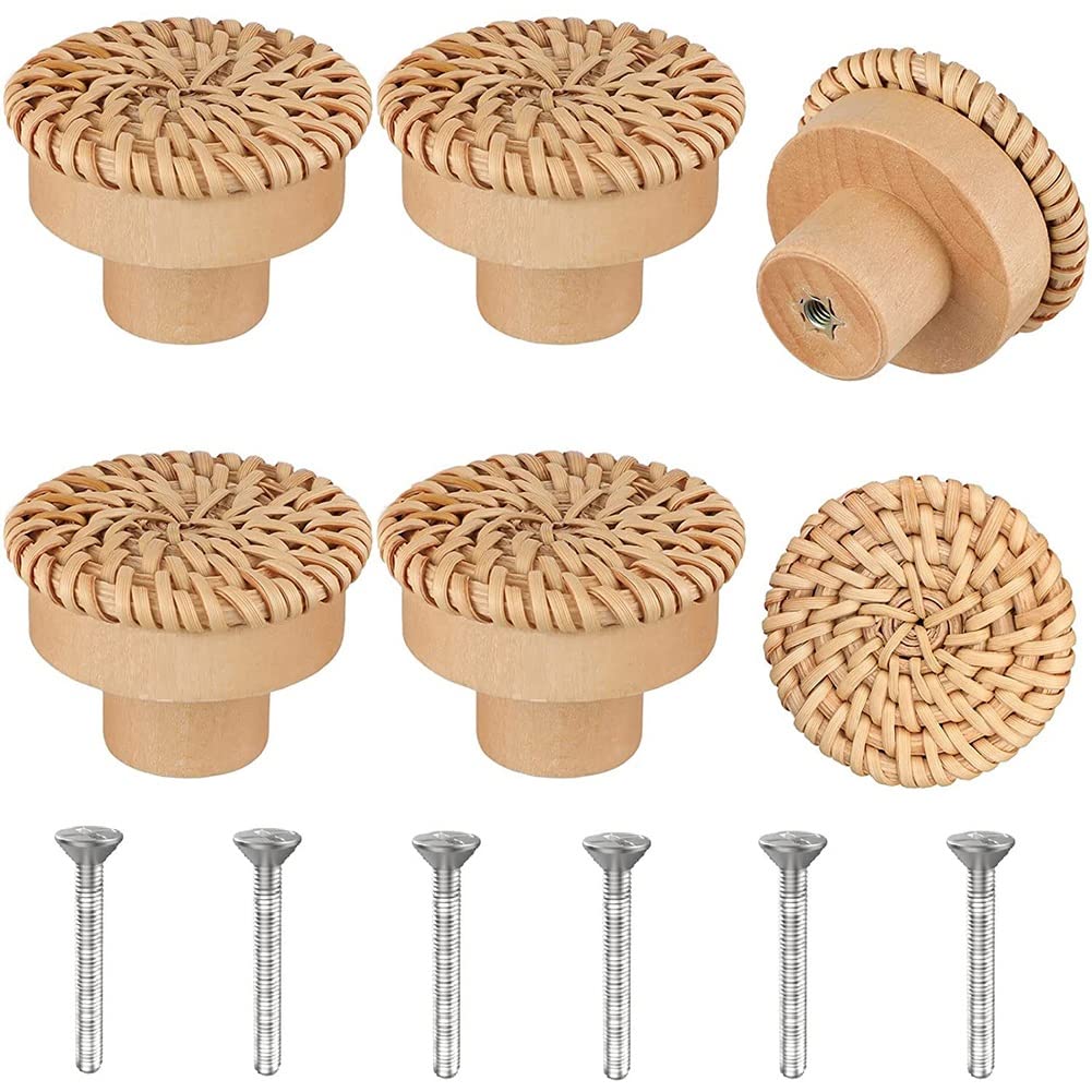 Sknrlko Boho Rattan Dresser Knobs Round Wooden Drawer Knobs Handmade Wicker Woven and Screws for Boho Furniture Knobs 6Pcs