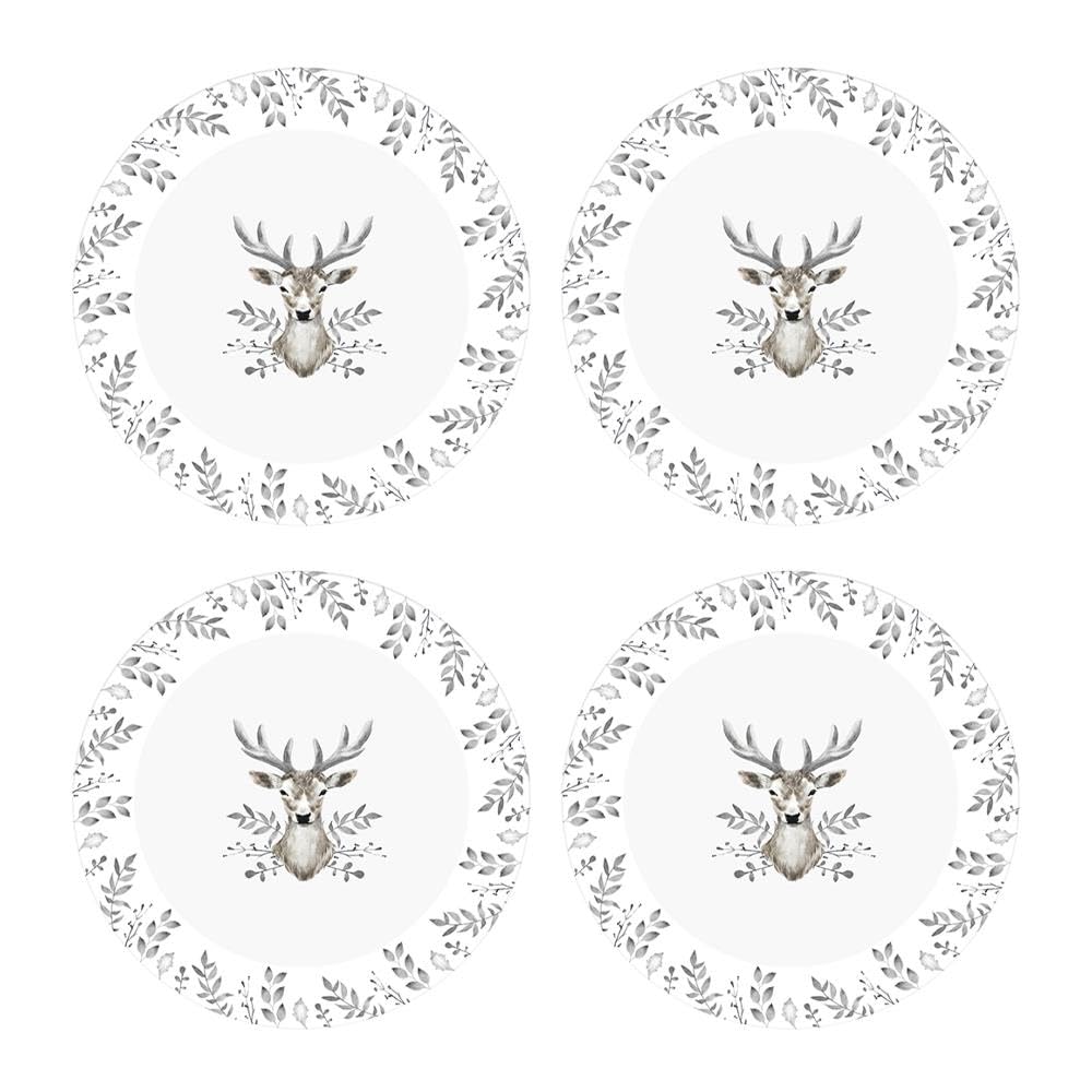 YöL Set Of 4 Side Plates Christmas White And Grey Stag Design Porcelain Festive Dinner