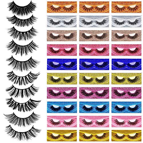 30 Pairs False Eyelashes 10 Styles Natural 3D Faux Mink Lashes Handmade Reusable Eyelashes Makeup Thick Lashes Long Dramatic Fluffy Volume Soft Fake Eyelashes with 30 Pieces Portable Eyelashes Boxes
