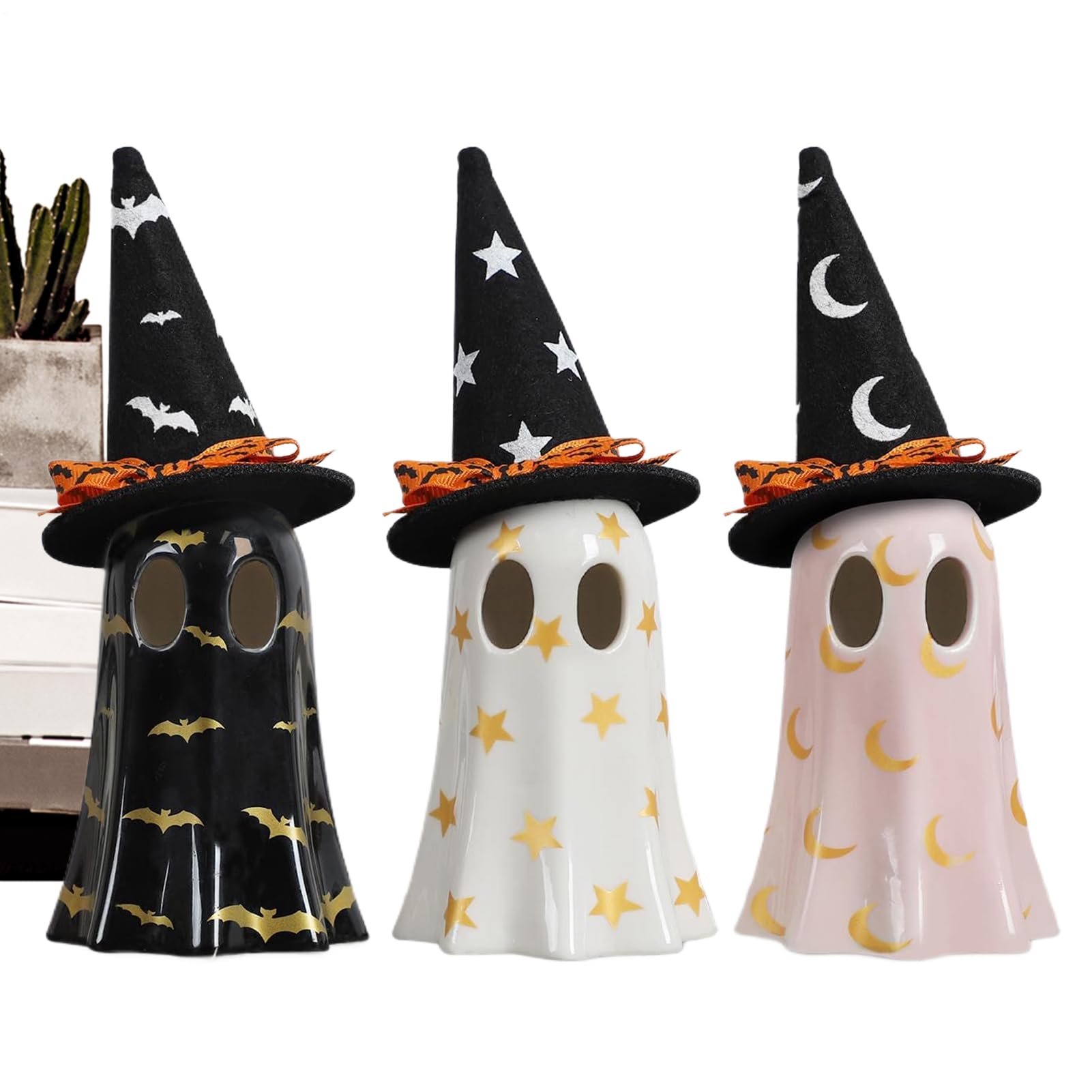Statues fantômes au design unique avec chapeau de sorcière : l'accessoire déco original
