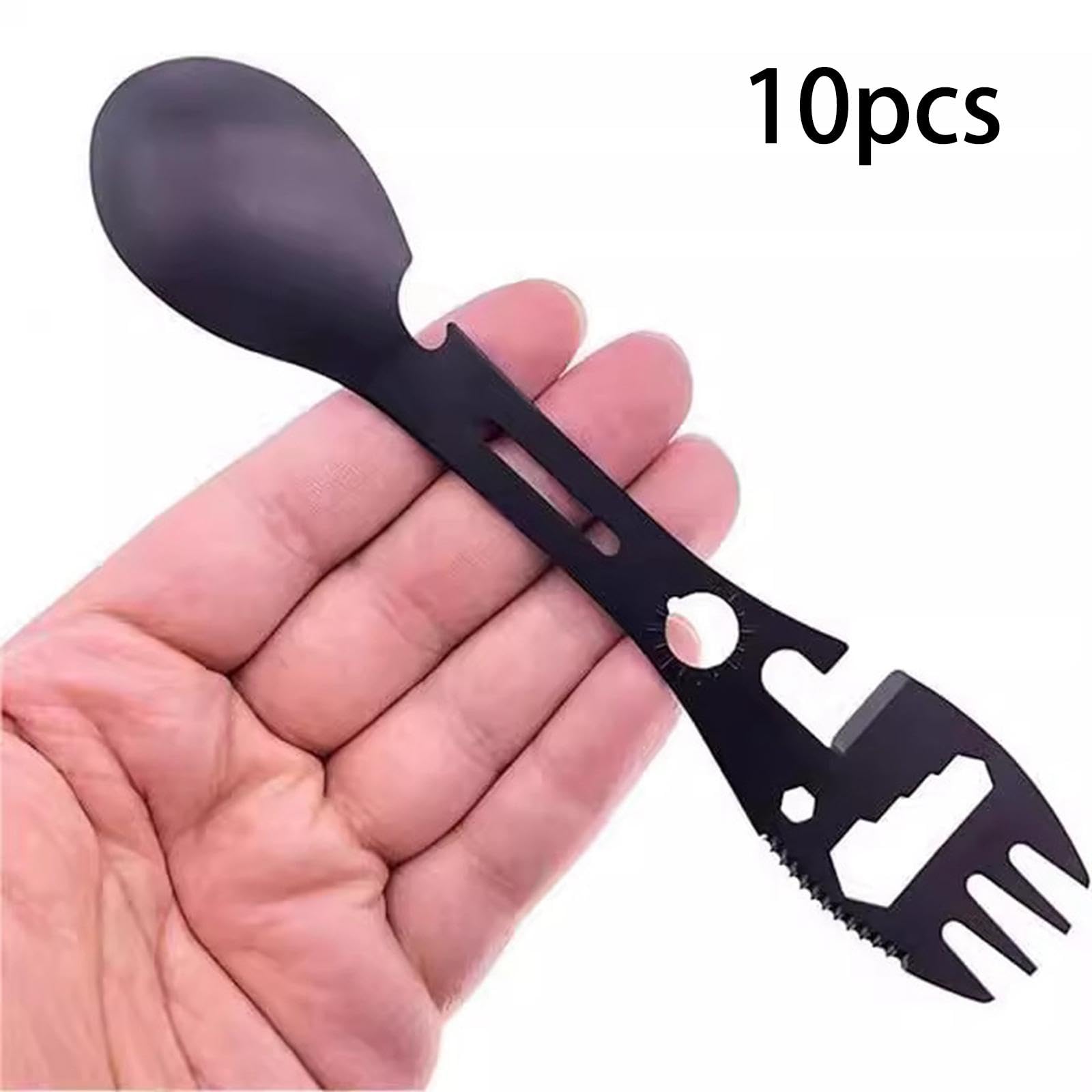 kowaku 10x Multifunctional Camping Spork Can Bottle Opener Reusable Fork & Stainless Steel Spoon for Picnic Travel BBQ Camping, Black