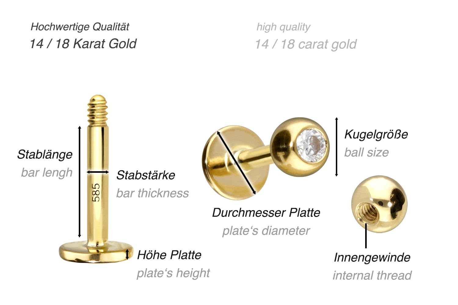 PIERCINGLINE Piercing Stecker 14K Gold Labret MOISSANIT 585er Gold - Roségoldfarben, Goldfarben, Silberfarben