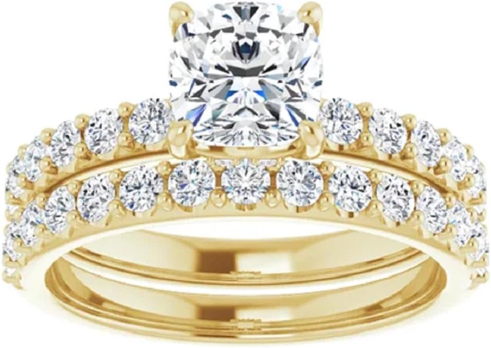 10K Solid Yellow Gold Moissanite Diamond Solitaire Engagement Ring Set, 1-5CT Cushion Cut, Handmade Wedding Bridal Ring for Women