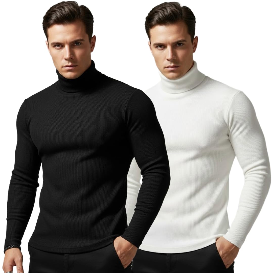 Men Highneck Winter Sweater | Woolen High Neck for Men | Full Sleeve Ribbed Turtleneck Pullover | Warm Winter Wear High Neck Top | Stylish Solid Slim Fit Highneck-Pack of 2
