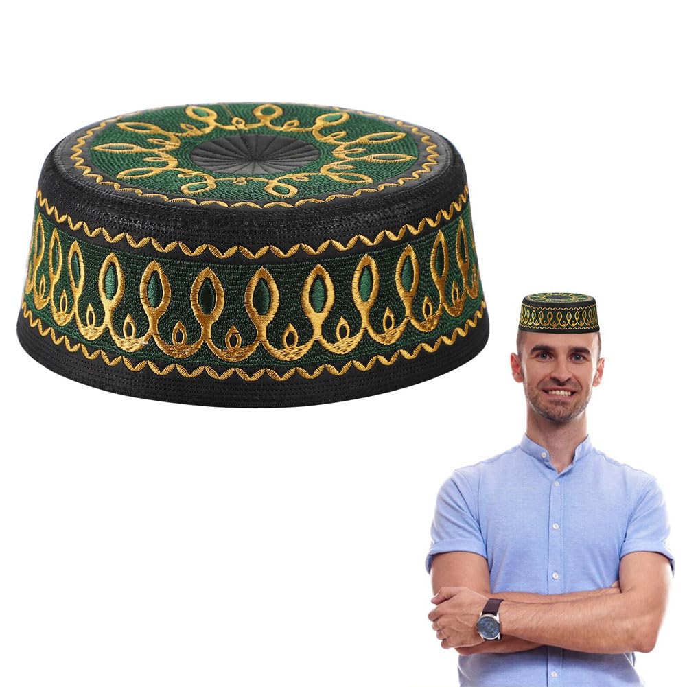XGOPTS Muslim Prayer Kufi Hat Islamic Embroidery Prayer Skull Cap Ramadan Hat Arabian Omani Turkish Prayer Headwear for Eid Green