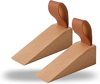 2Pack Wooden Door Stopper Non-Slip Security Wood Door Wedge with Leather Strap for Hanging Door Stopper, in House Bedroom Office Living Room Hotel Cabin (2pcs)
