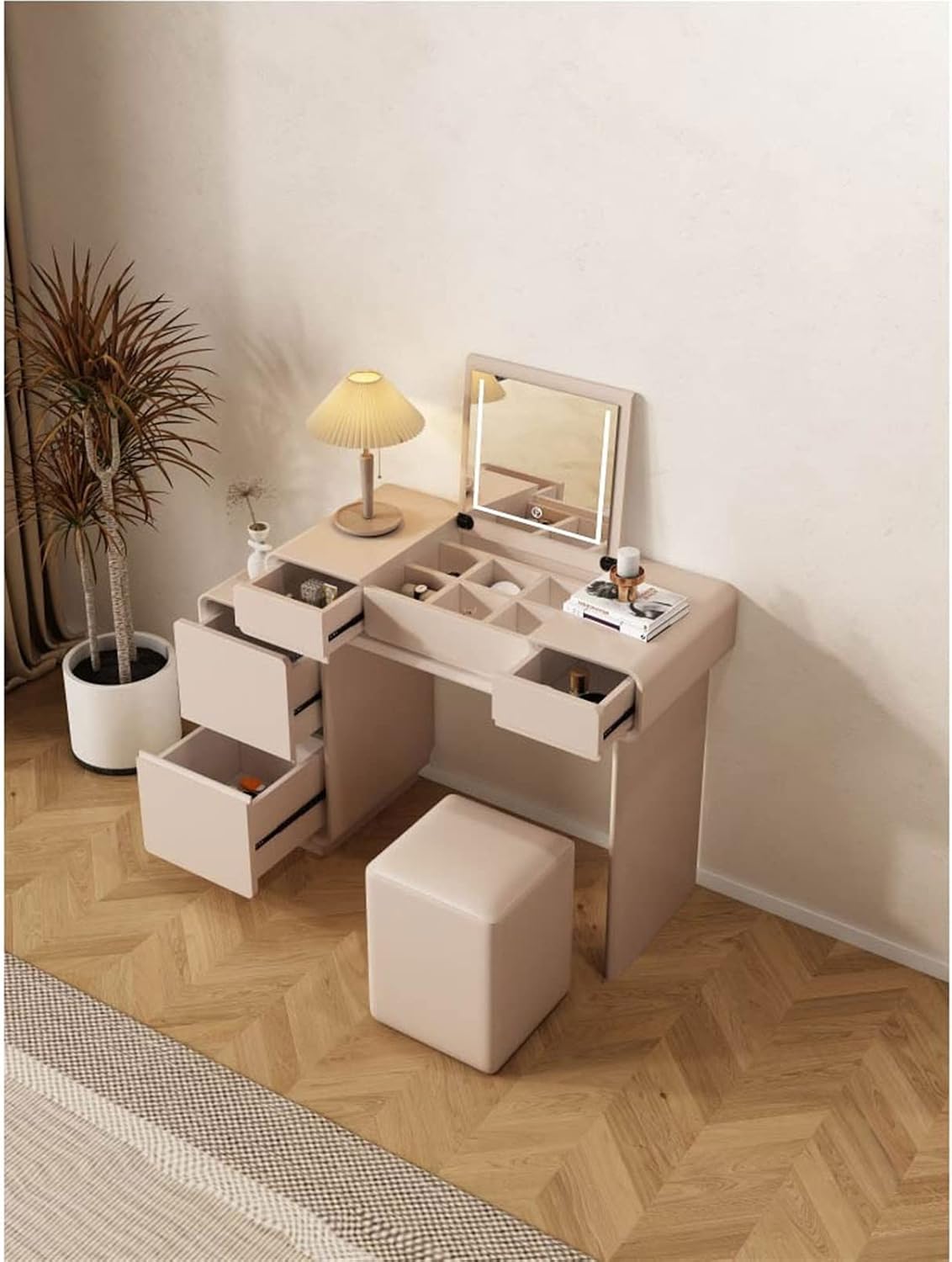 Vanity Dressing Table Set Luxury Makeup Bench with 3 Colors Led Hd Mirror,Comfortable Stool Drawers Cabinet,Modern Simple Style,for Girl's Gift (Color : C, Size : 1100mm) (B 900mm)