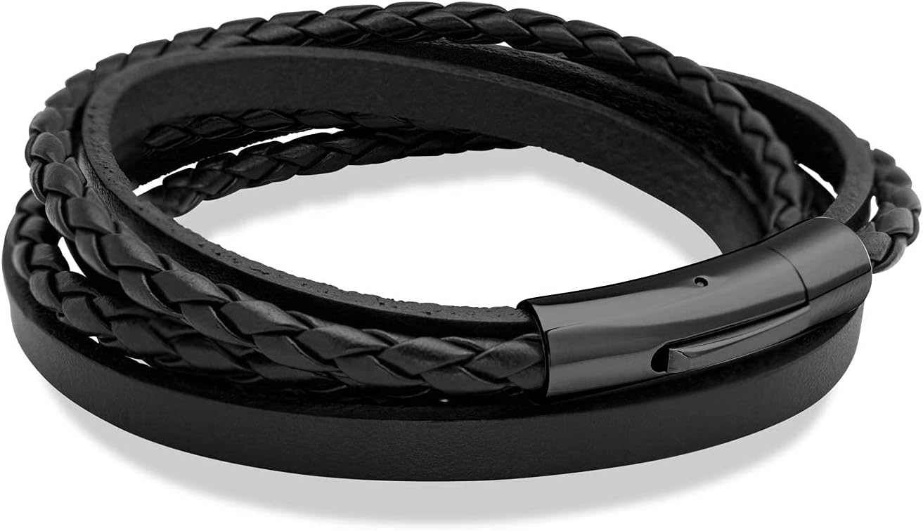 555Jewelry Stainless Steel Braided Wrap Layered Leather Cord Magnetic Bracelet - Image 6