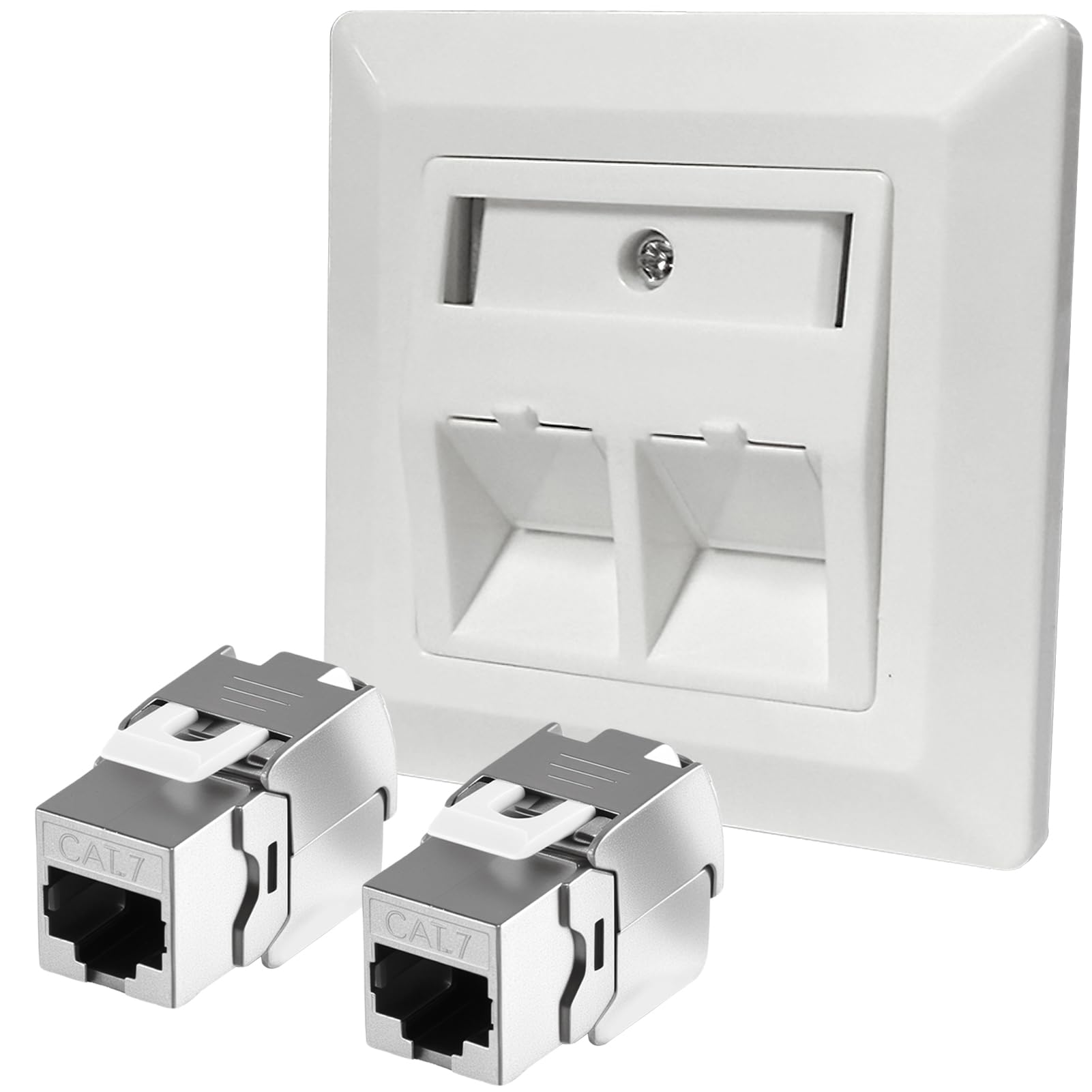 Joycabin 2 Port CAT 7 Netzwerkdose Unterputz und 2 x CAT 7 Keystone RJ45 Modul LAN Ethernet Keystone Dose Buchse Einbaubuchse für CAT 5e CAT 6 CAT 6a max. 10 Gbit/s STP Unterputz Netzwerkdose