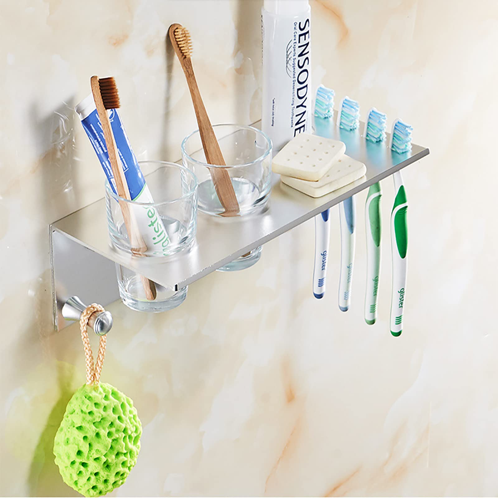 Porta Cepillo de Dientes, Soporte Cepillo de Dientes Eléctrico, Pared Estuche Cepillo Dientes con 4 Ranuras para Cepillos, Organizador Baño Aluminio Sin Taladro para Baño Plata